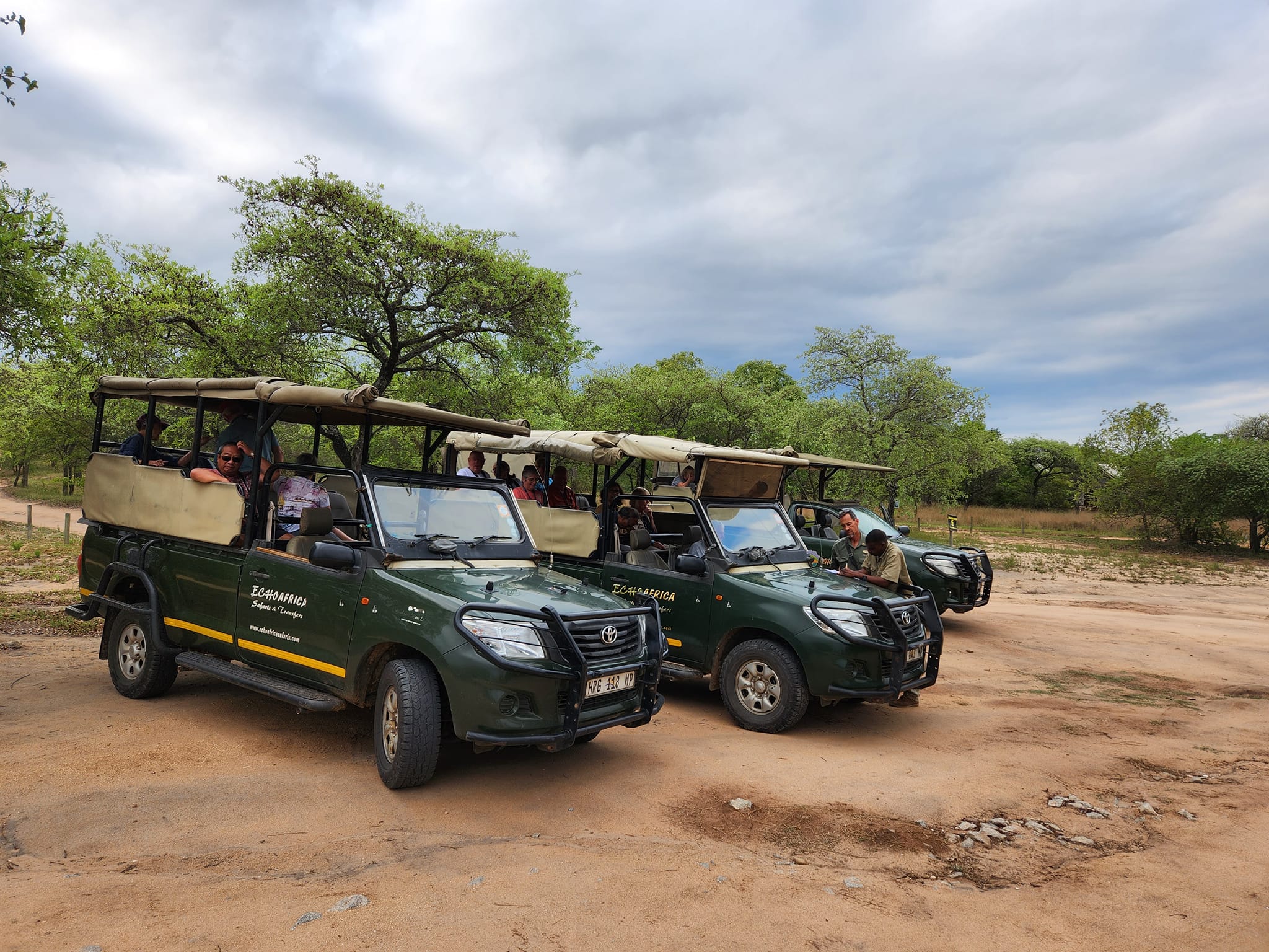 4x4s lined up in private game reserve Day 12, South Africa & Victoria Falls Approach Tour