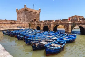 Blue boats in the marina in Essaouira