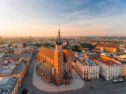 Krakow Market Square from above, famous cathedral in sun light