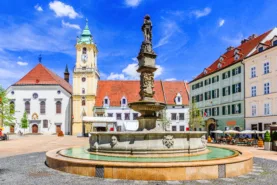 View of Bratislava main square with the city hall in the background