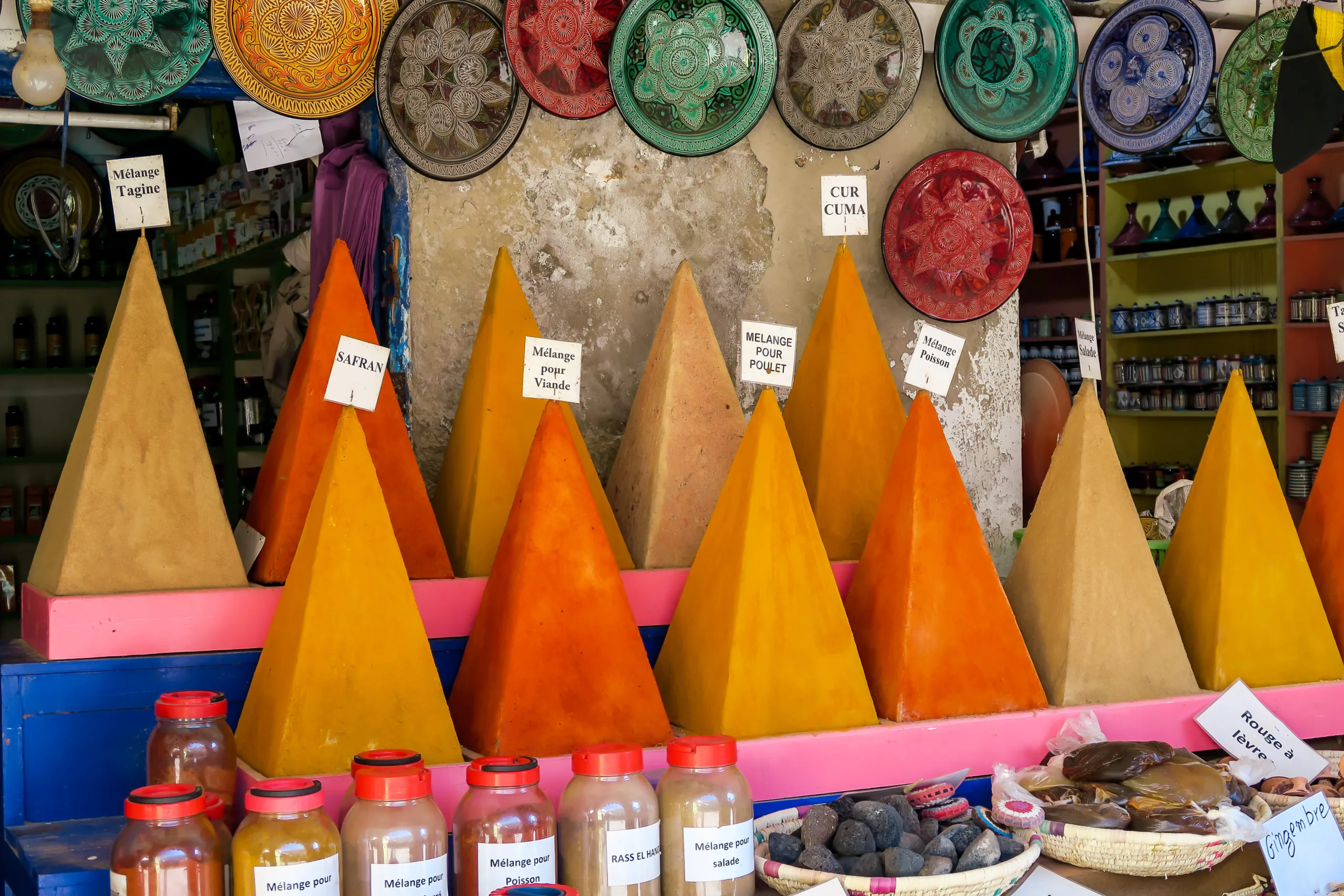 Rows of spice piles in Essaouira market
