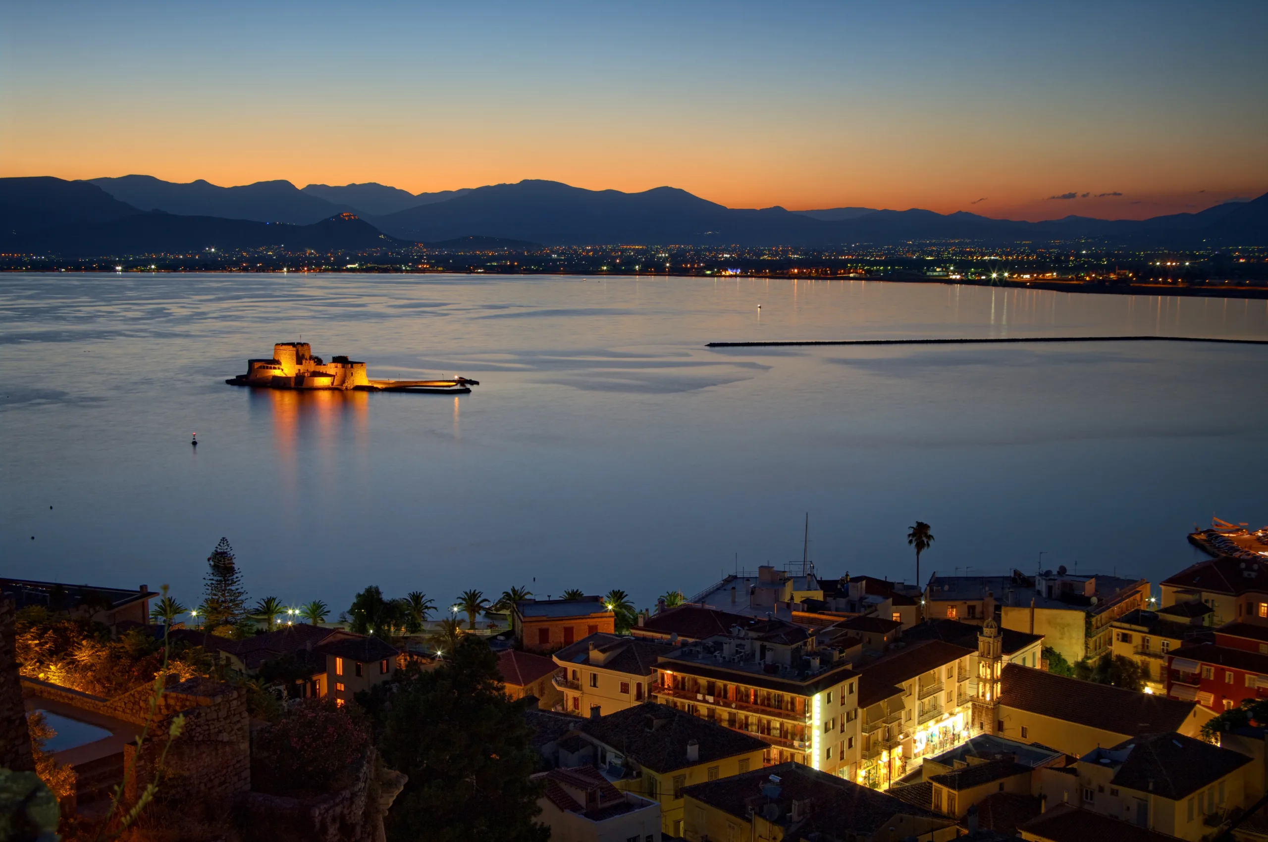 Aerial view of Nafplio at dusk