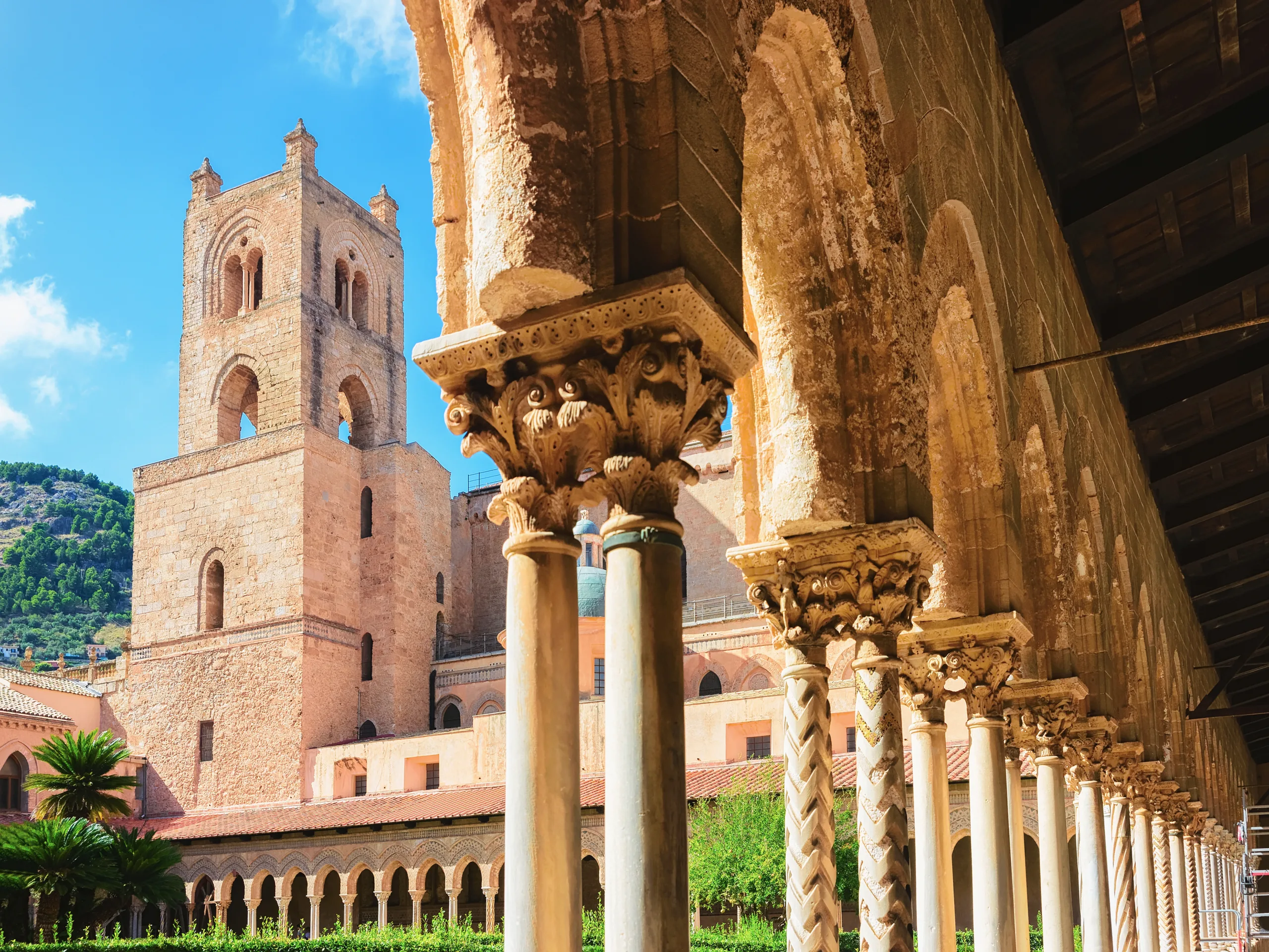 Columns in the garden at Monreale Cathedral, Sicily, Italy