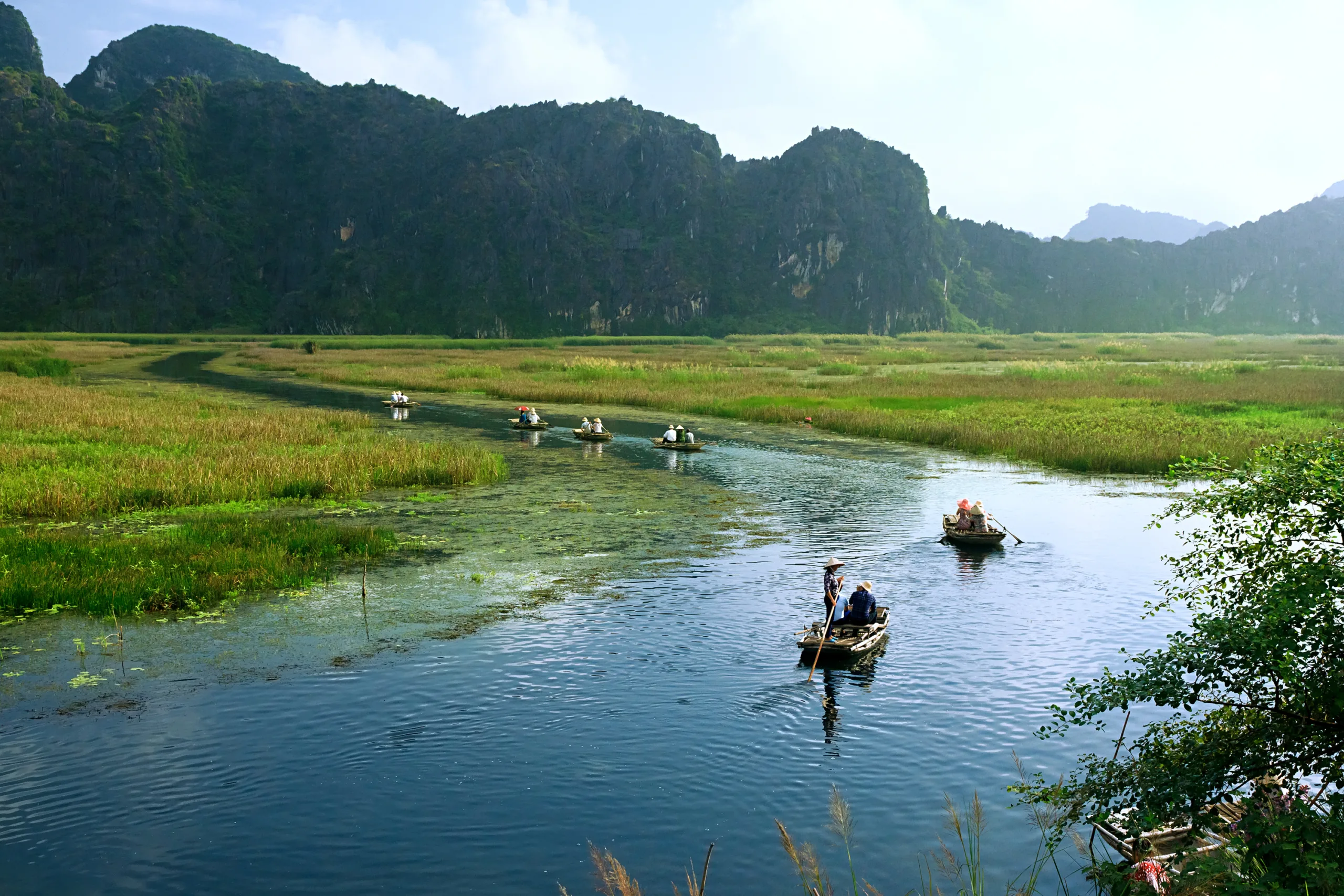 Landscape With Boat In Van Long Natural Reserve In Ninh