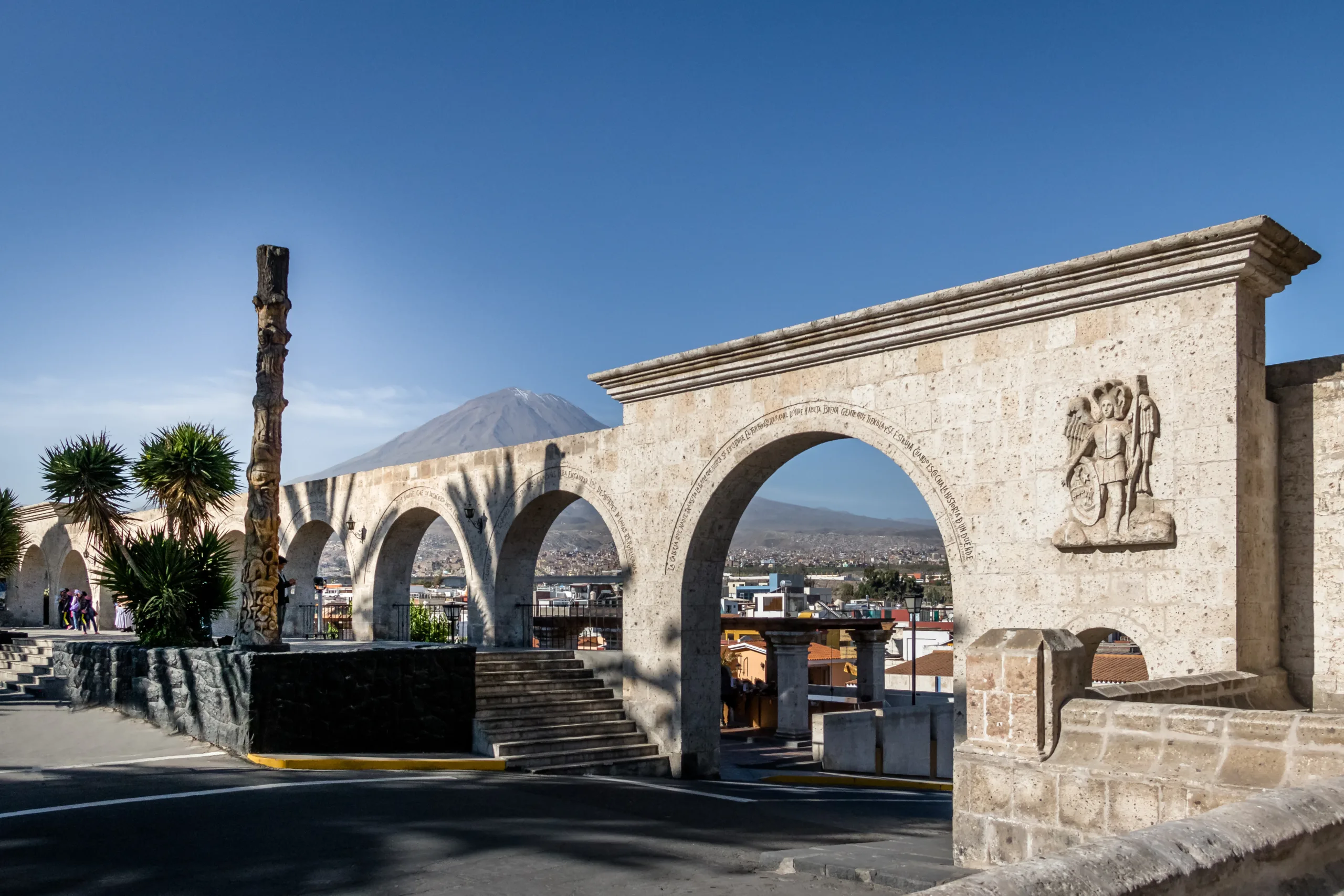 The Arches Of Yanahuara Plaza And Misti Volcano On Background