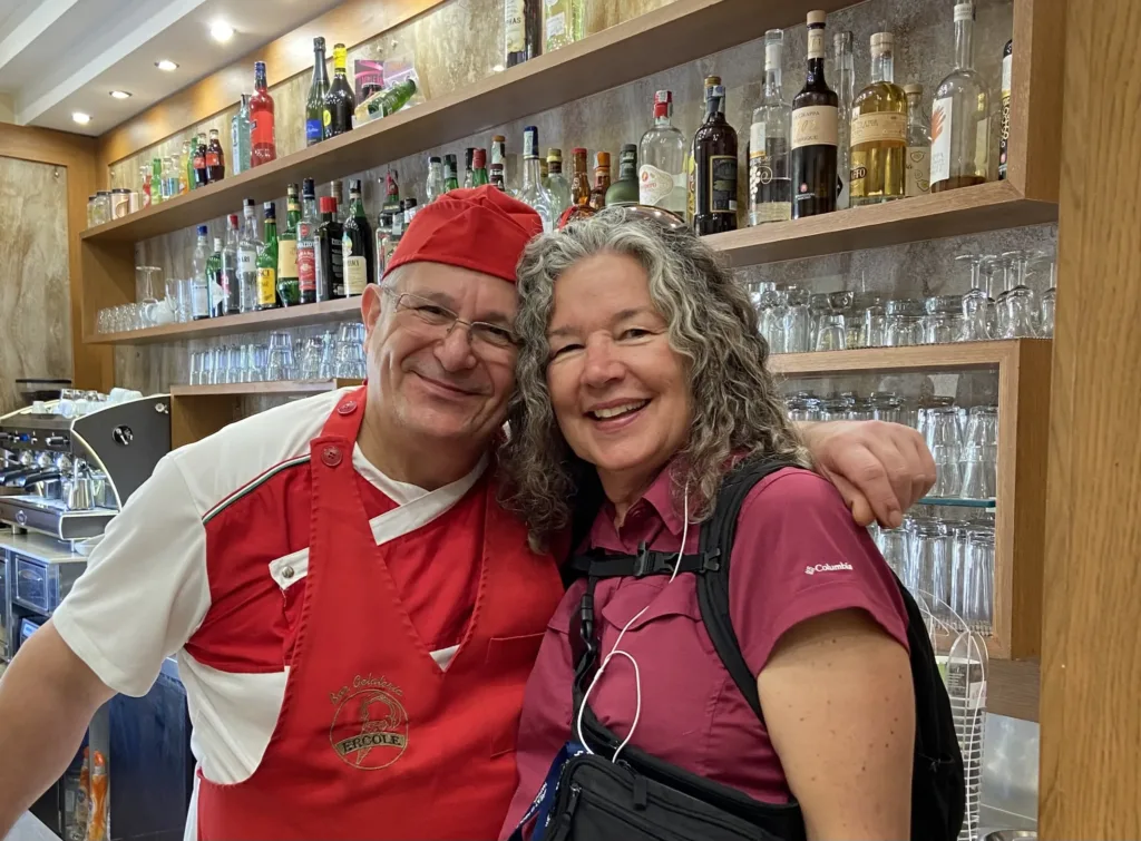Caroline with new friend in Sicily