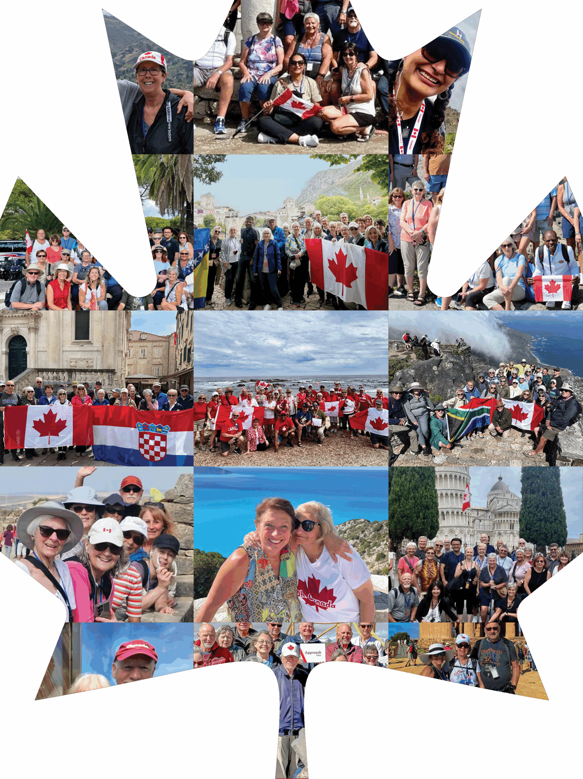 Collage of Canadian travellers holding flags