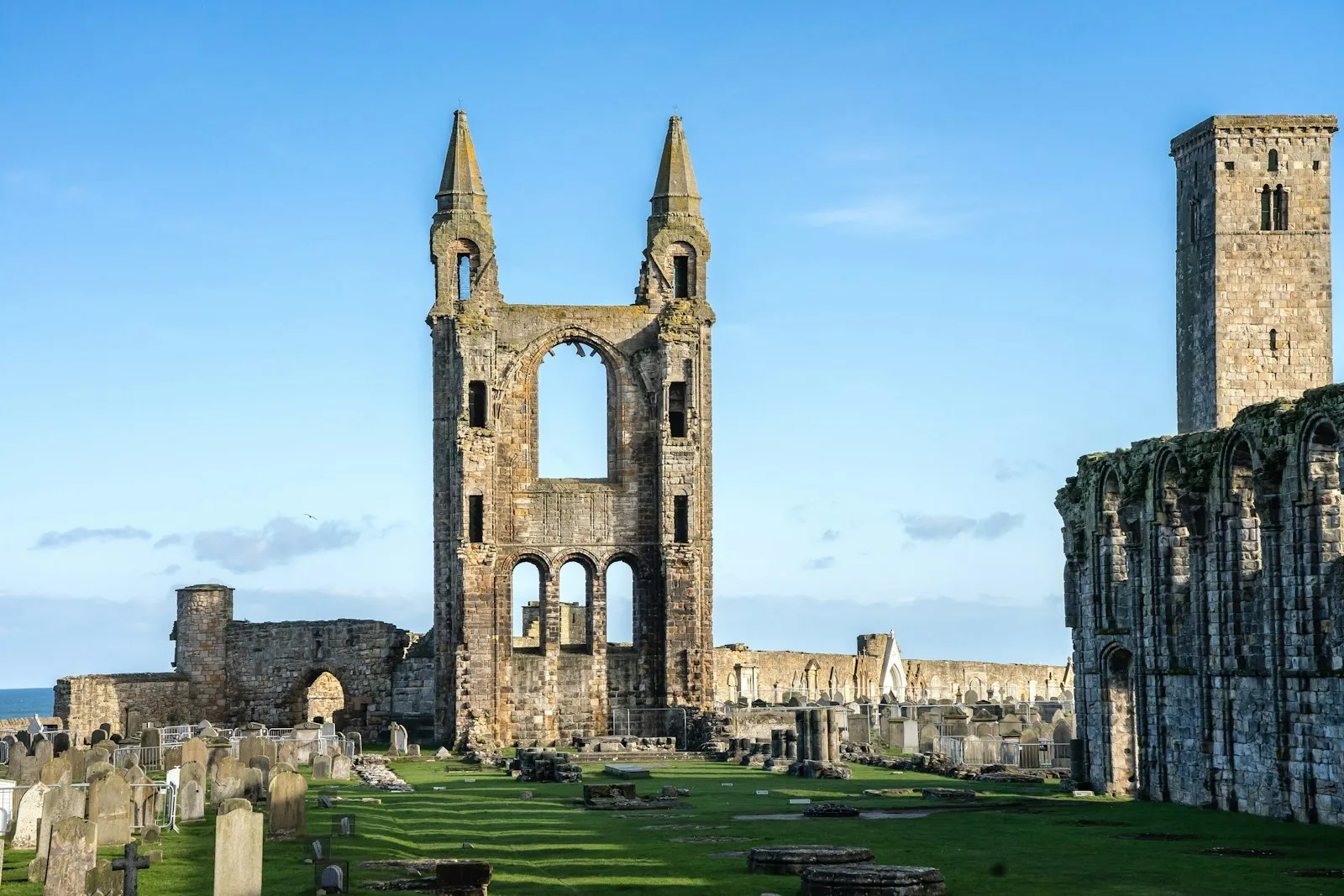 St Andrews Cathedral ruins beneath a clear blue sky in Scotland